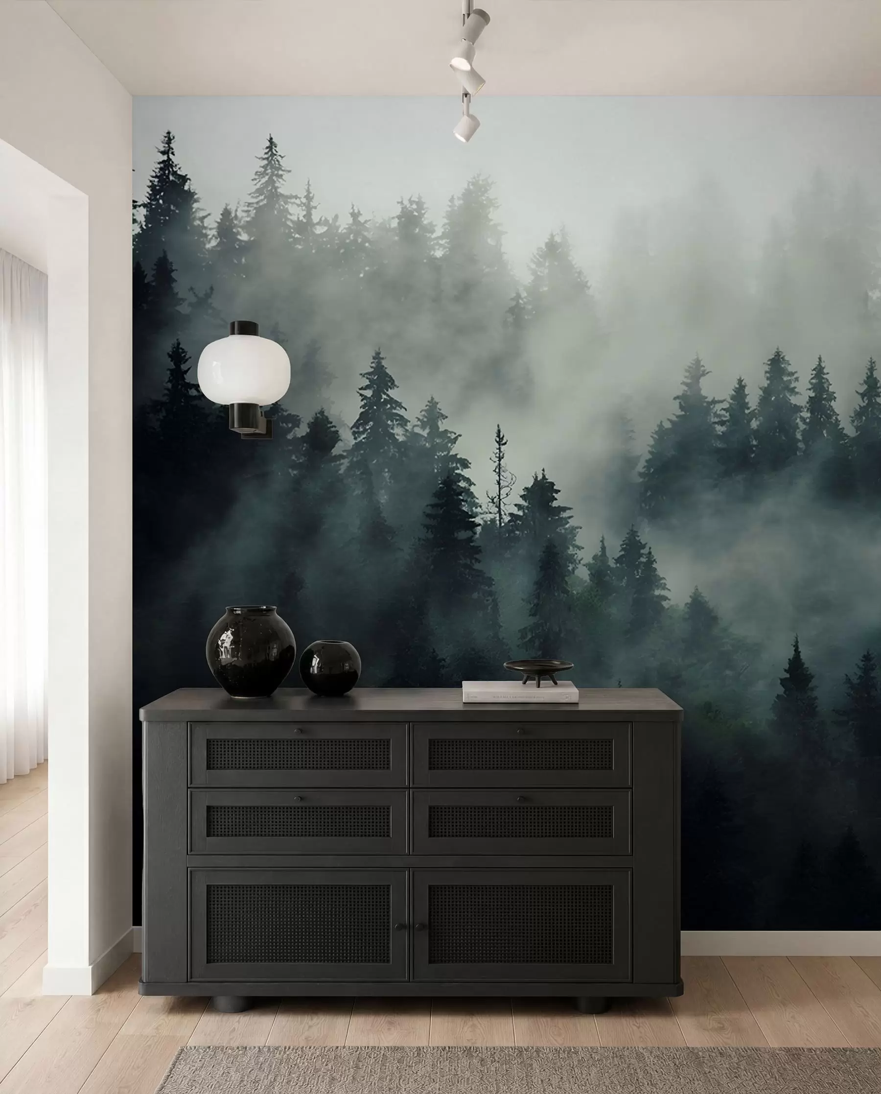 Fotobehang Mistige ochtend, bos u36439