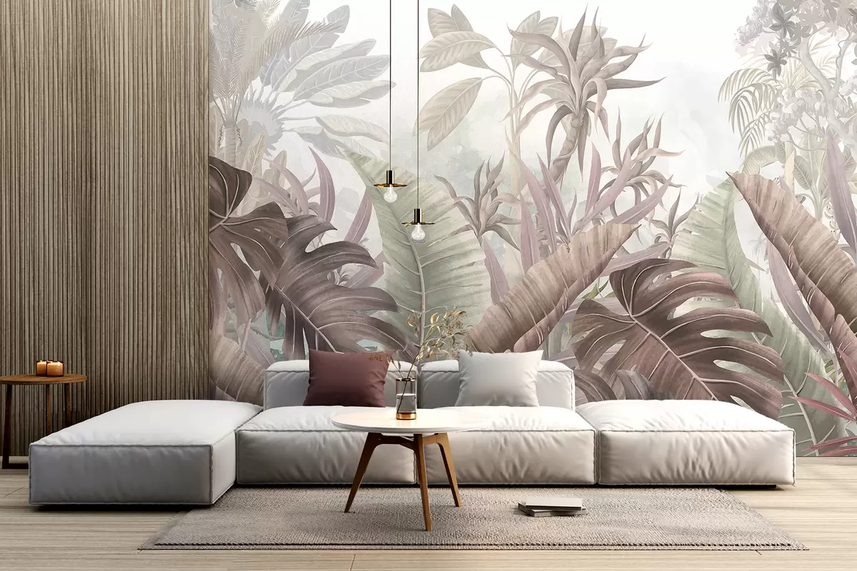 Fotobehang Een tropisch oerwoud met grote palmbladeren en exotische planten in grijs-, wit- en beigetinten w08307