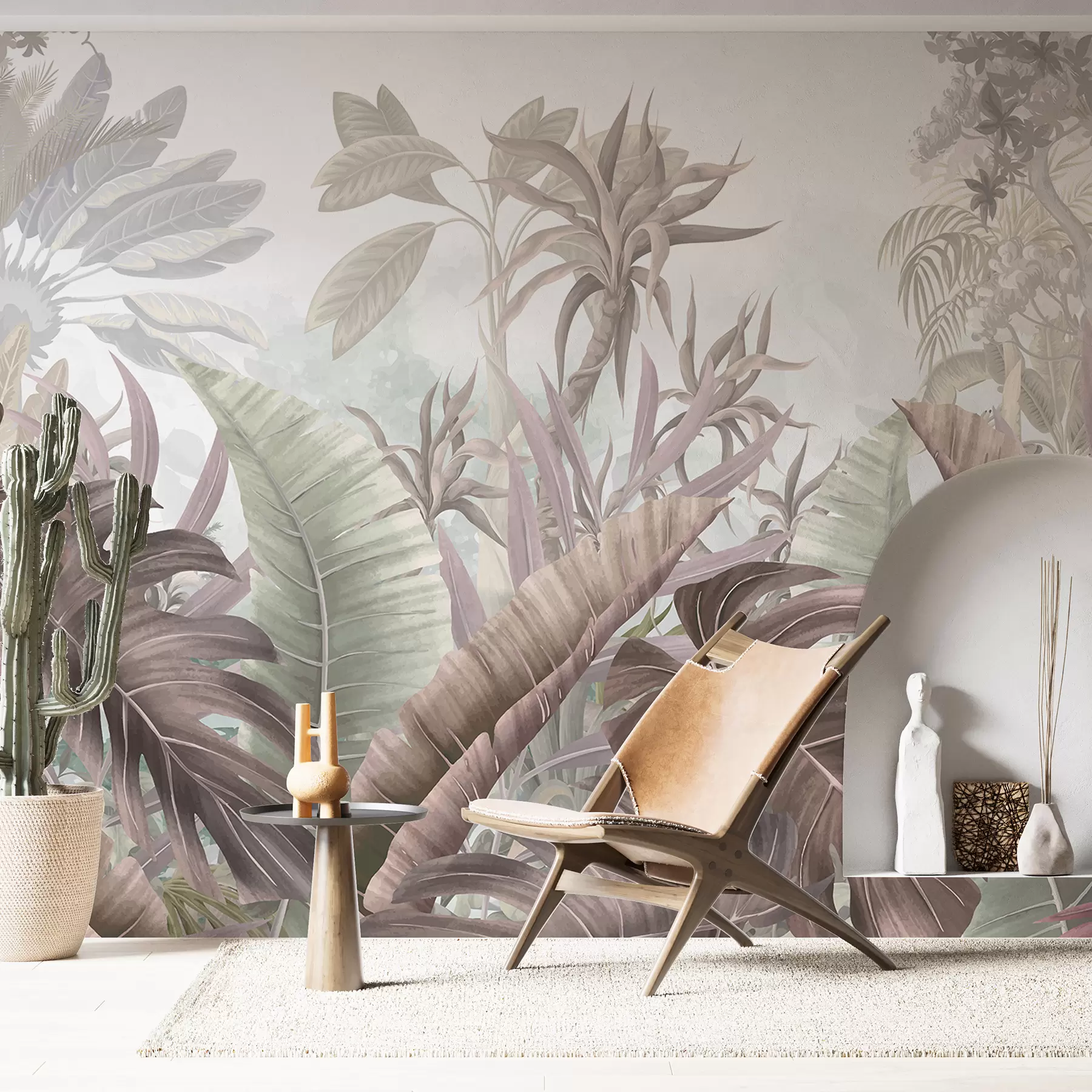 Fotobehang Een tropisch oerwoud met grote palmbladeren en exotische planten in grijs-, wit- en beigetinten w08307