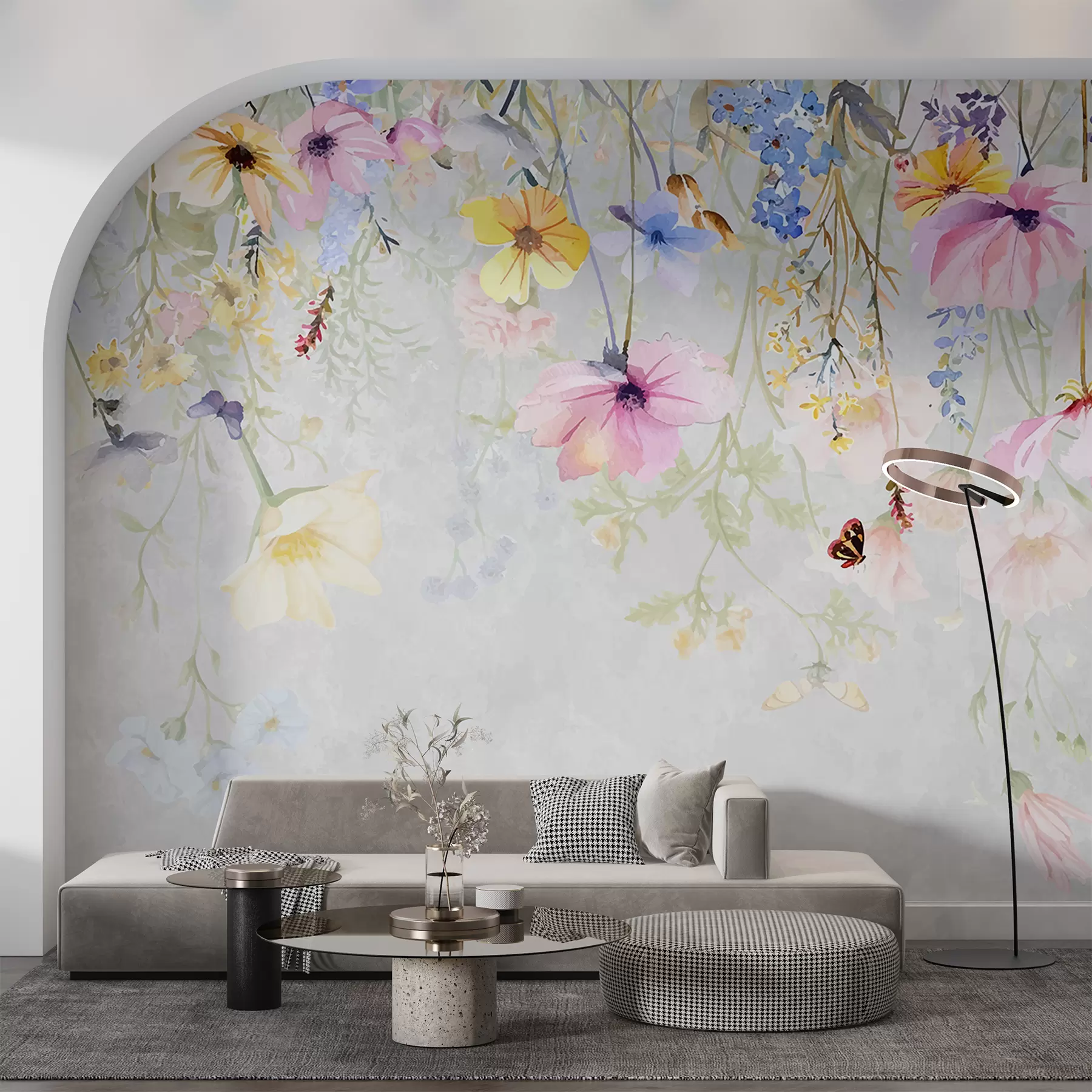 Fotobehang Kleurrijke bloemen met roze, gele en blauwe bloemen die van bovenaf op een gestructureerde grijze achtergrond hangen w08309