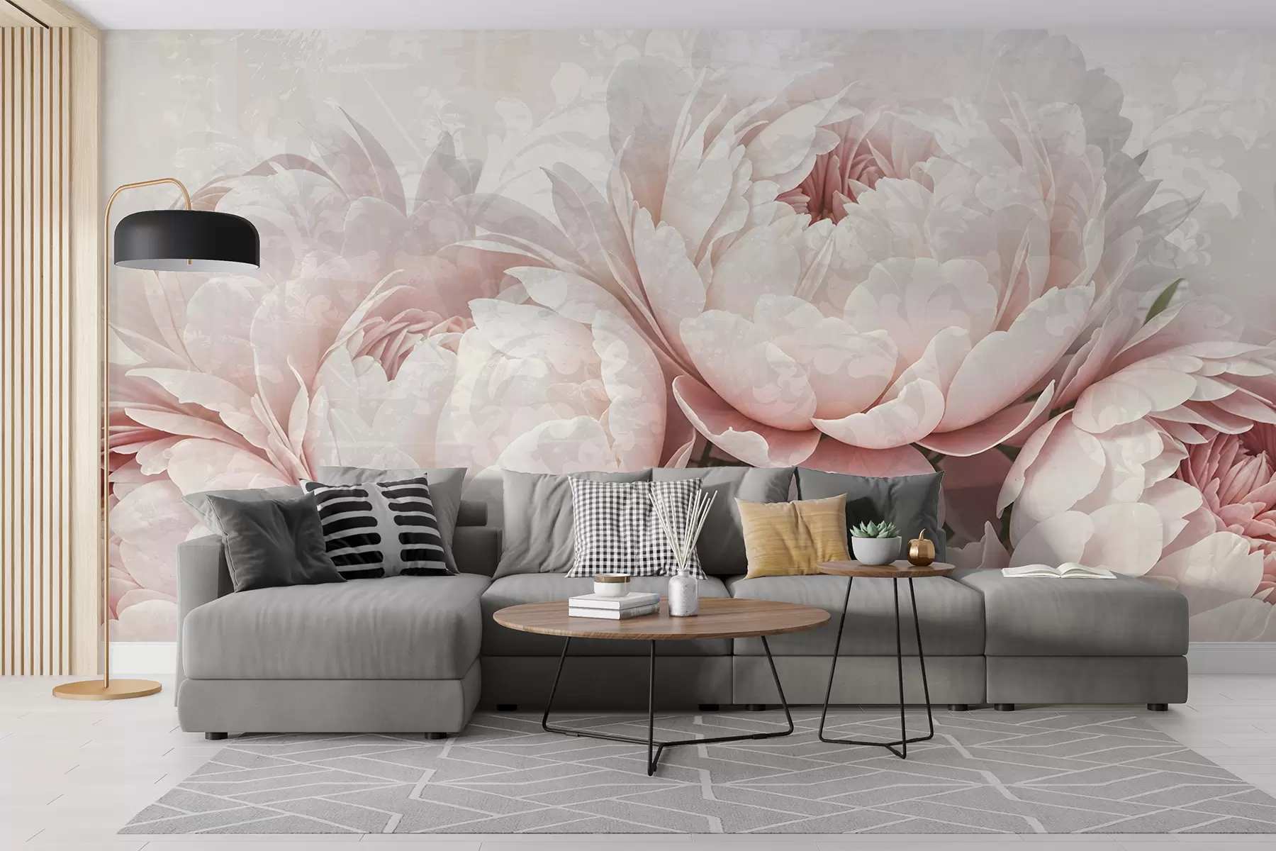 Fotobehang Zachtroze pioenrozen met delicate bloemblaadjes tegen een lichte vintage achtergrond met textuur w08312