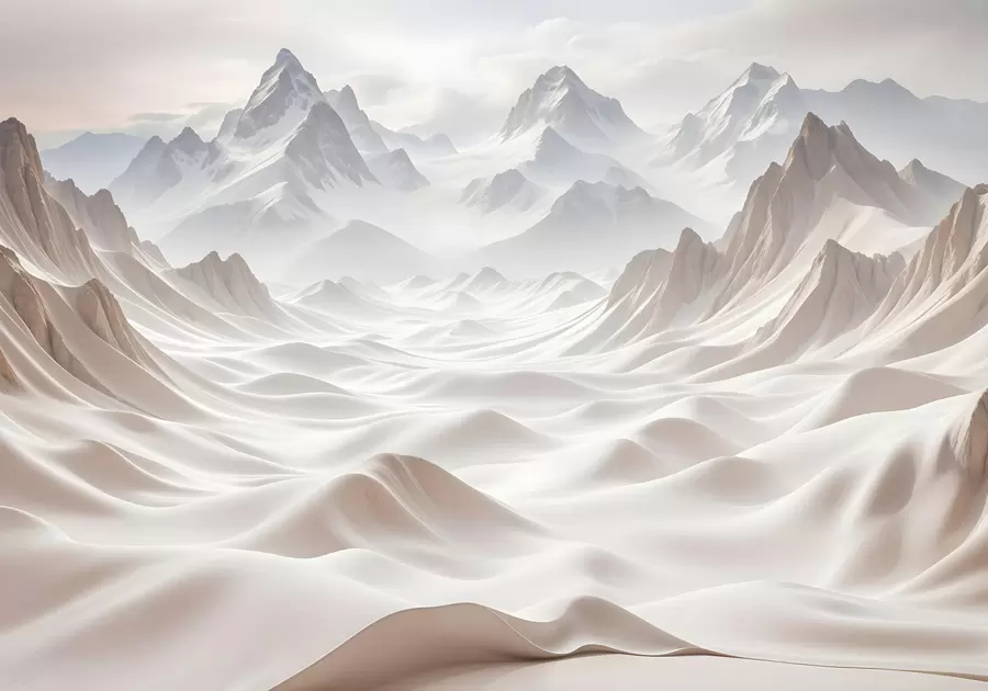 Fotobehang Besneeuwde bergtoppen die oprijzen uit een mistig, etherisch landschap met glooiende heuvels en valleien w08313