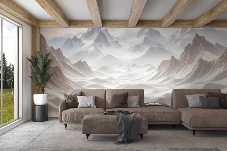 Fotobehang Besneeuwde bergtoppen die oprijzen uit een mistig, etherisch landschap met glooiende heuvels en valleien w08313