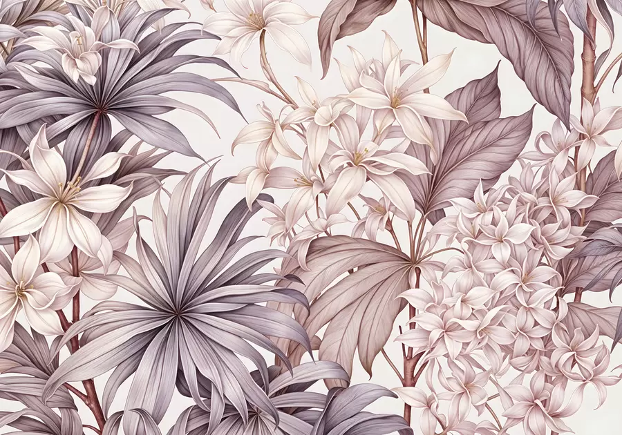 Fotobehang Een tropische bloemenprint met grote witte en lichtroze bloemen, bordo bladeren en een neutrale achtergrond w08318v1