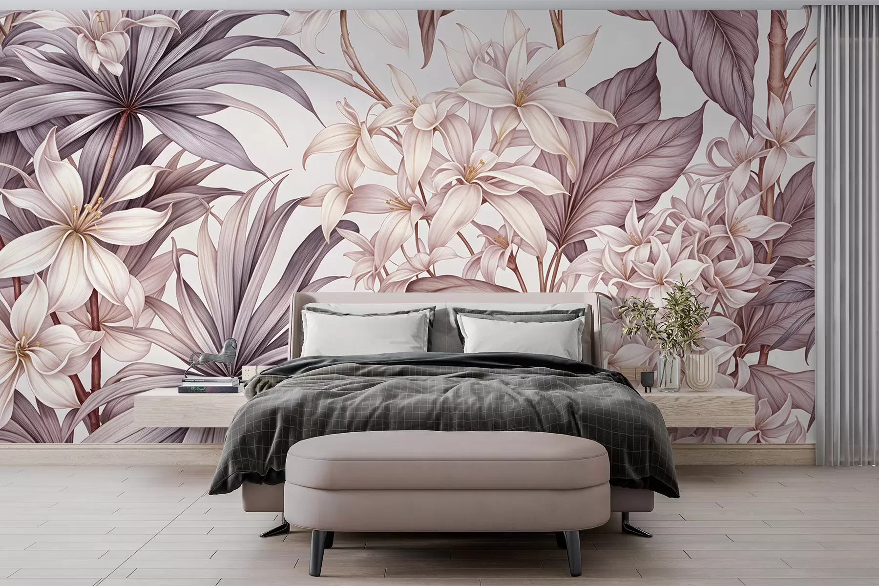 Fotobehang Een tropische bloemenprint met grote witte en lichtroze bloemen, bordo bladeren en een neutrale achtergrond w08318v1