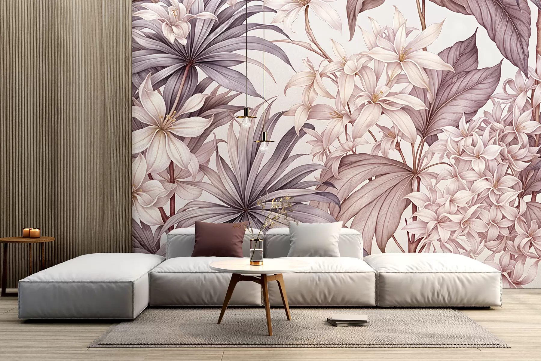 Fotobehang Een tropische bloemenprint met grote witte en lichtroze bloemen, bordo bladeren en een neutrale achtergrond w08318v1