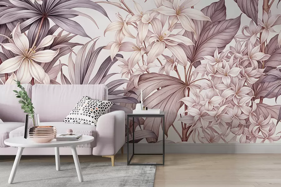 Fotobehang Een tropische bloemenprint met grote witte en lichtroze bloemen, bordo bladeren en een neutrale achtergrond w08318v1