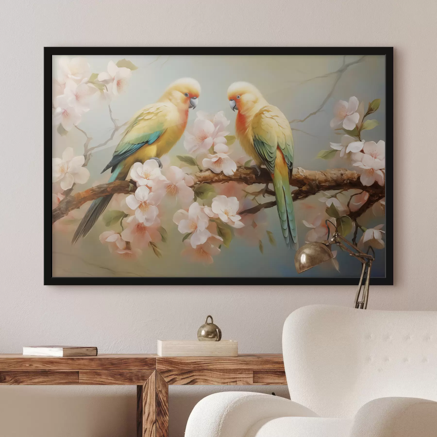 Fotobehang Papegaaien zittend op een bloeiende tak aquarel f40892