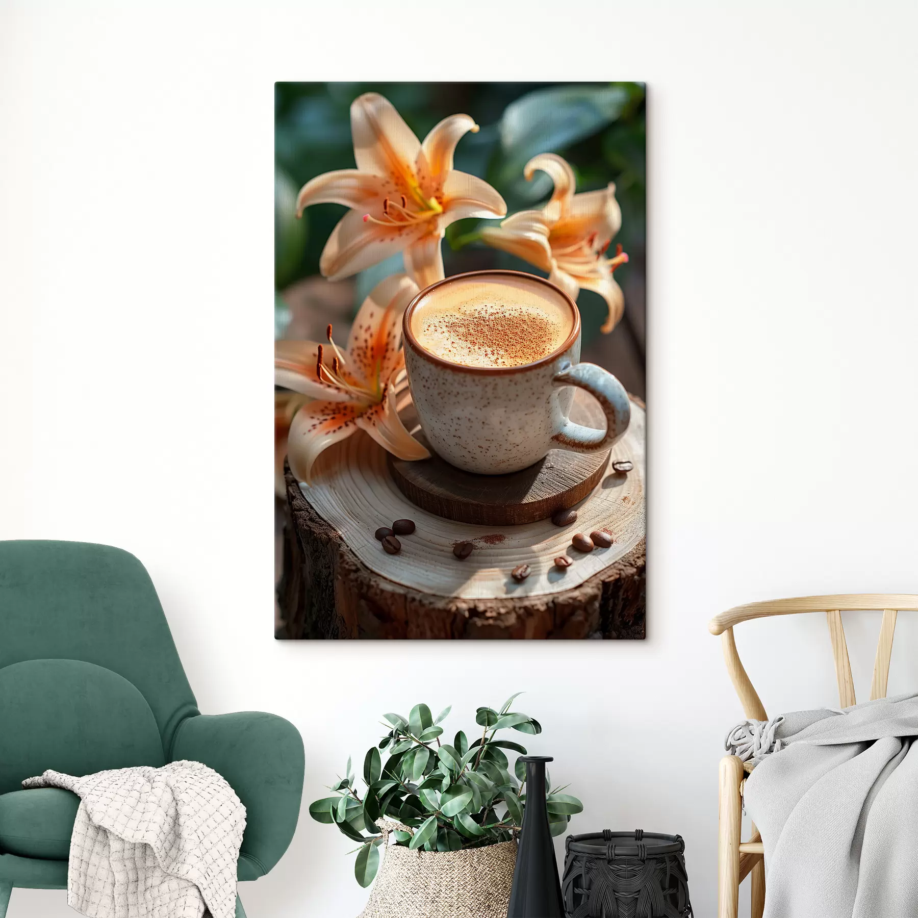  Schilderijen Een kopje cappuccino in de natuur tegen de achtergrond van lelies s40906