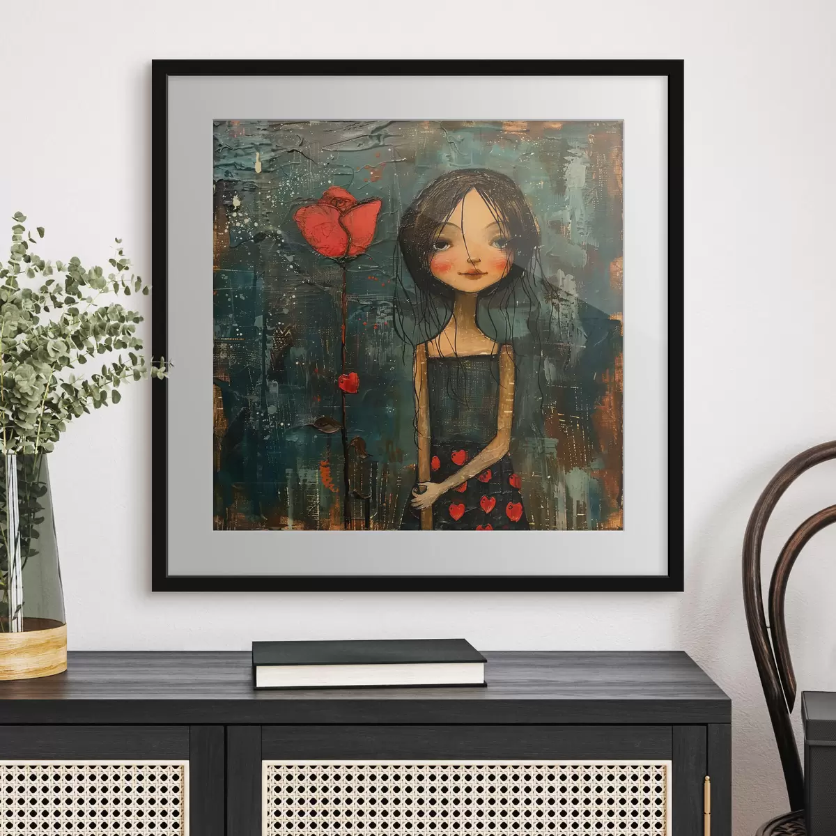 Poster Meisje en rode bloem f40897