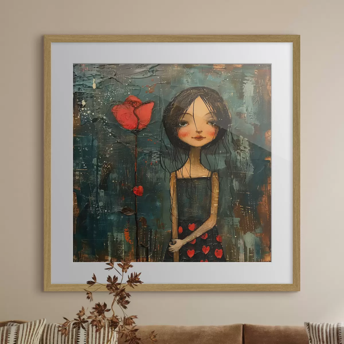 Poster Meisje en rode bloem f40897