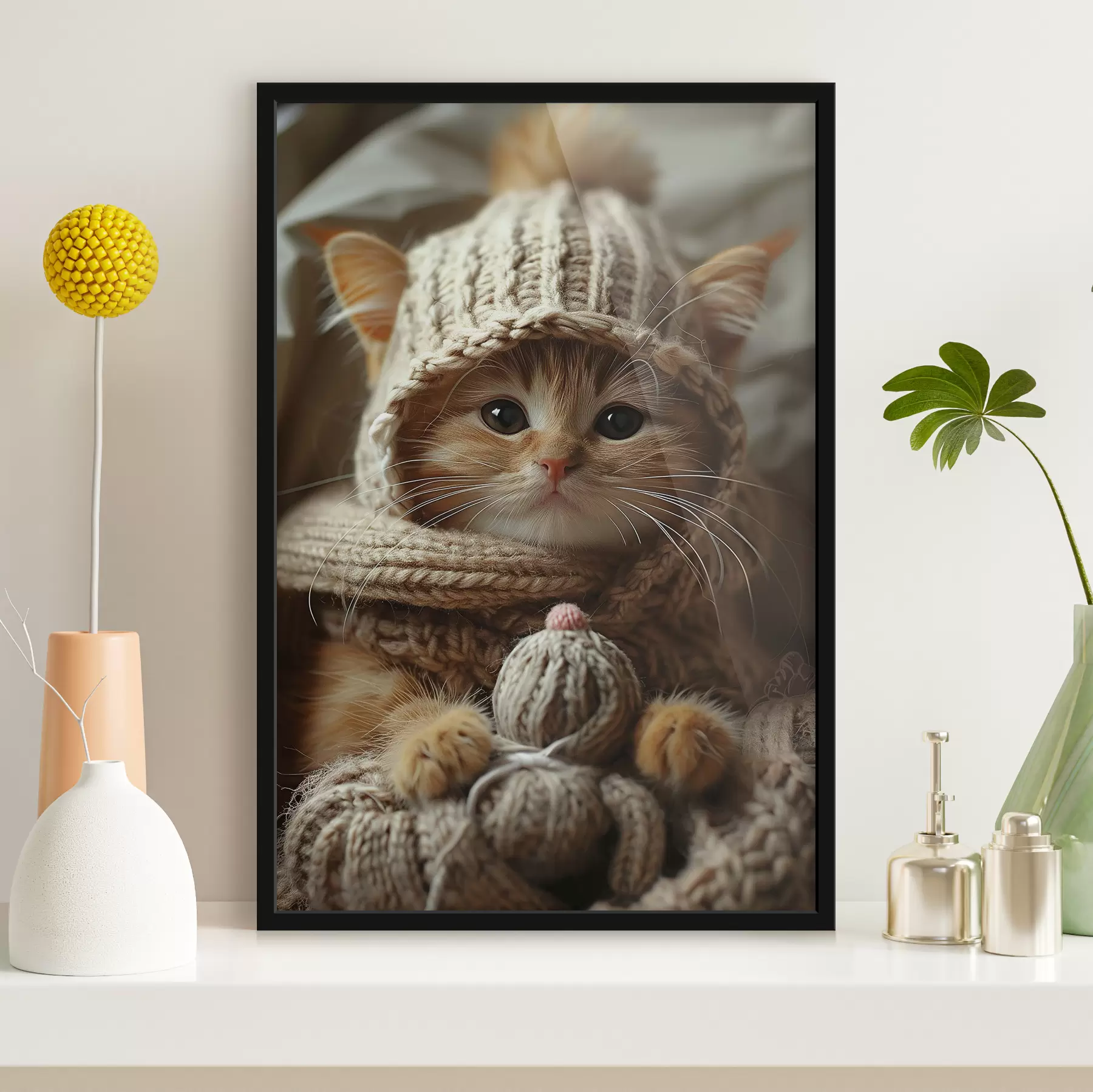 Fotobehang Schattig katje met gebreide muts f40904