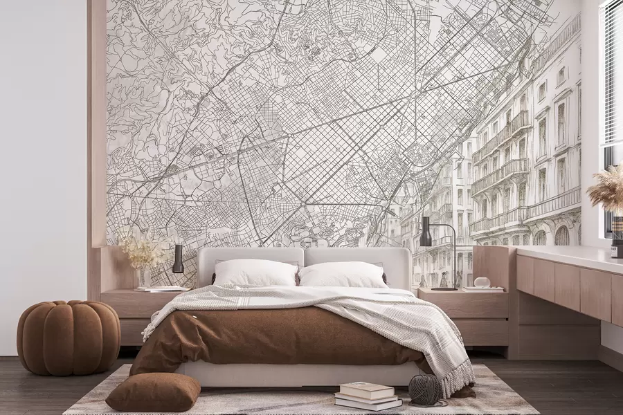 Fotobehang Barcelona stadsplattegrond, lijntekening, architectuur, Spanje, beige kleuren w01695