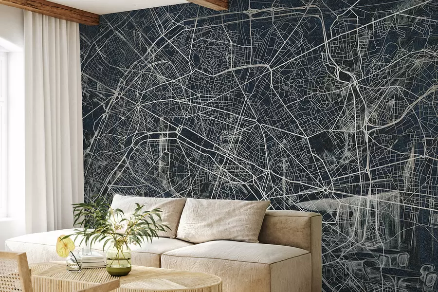 Fotobehang Plattegrond Parijs, lijntekening, architectuur, Frankrijk, donkere kleuren w01697v1