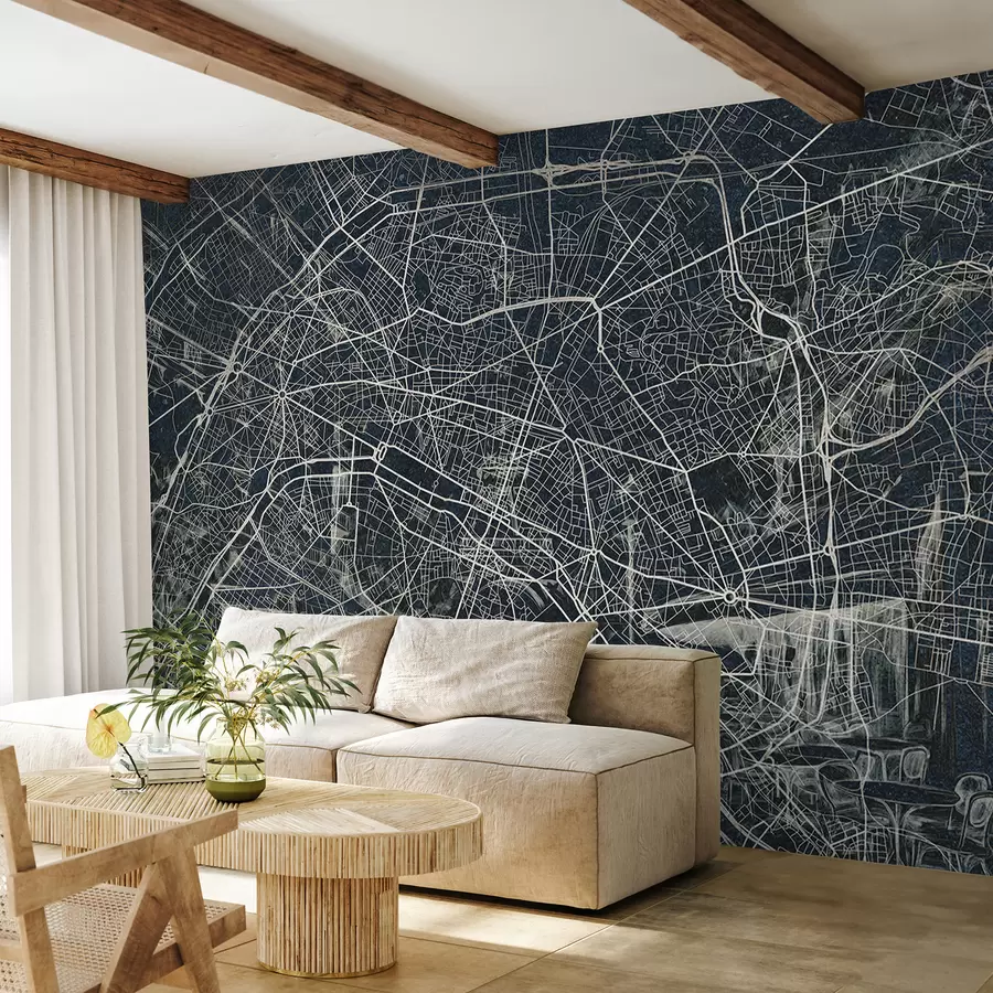 Fotobehang Plattegrond Parijs, lijntekening, architectuur, Frankrijk, donkere kleuren w01697v1
