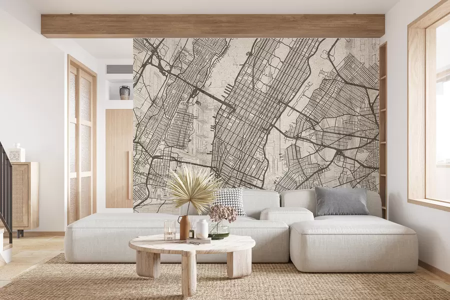 Fotobehang De kaart van de stad New York, lijntekening, architectuur, beige kleuren w01699