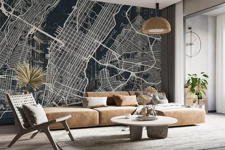 Fotobehang Stadsplattegrond New York, lijntekening, architectuur, donkere kleuren w01699v1