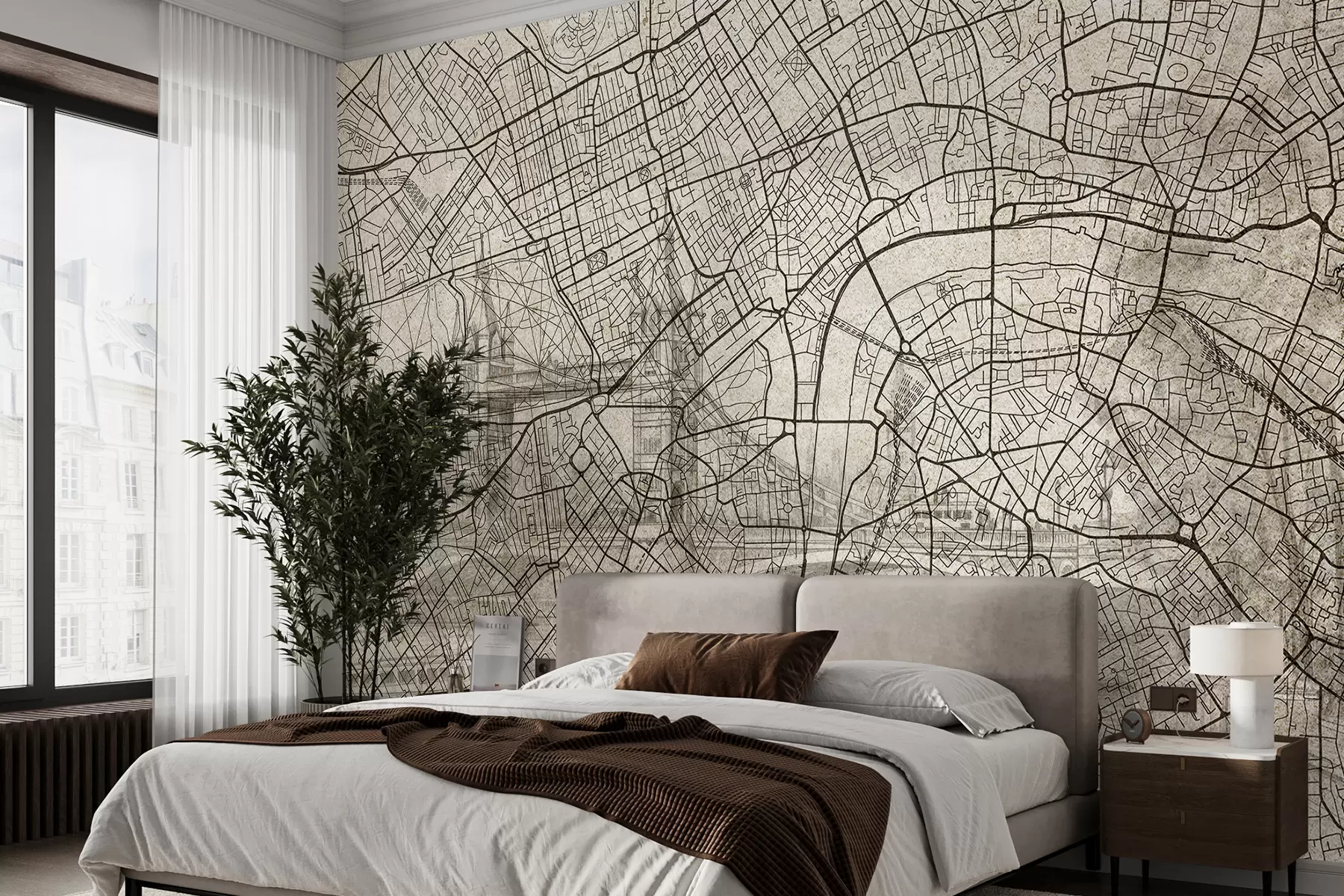 Fotobehang Stadskaart Londen, lijntekening, architectuur, beige kleuren w01702