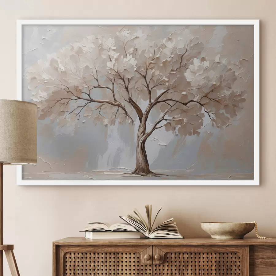 Fotobehang Witte boom op abstracte olieverfachtergrond f40860