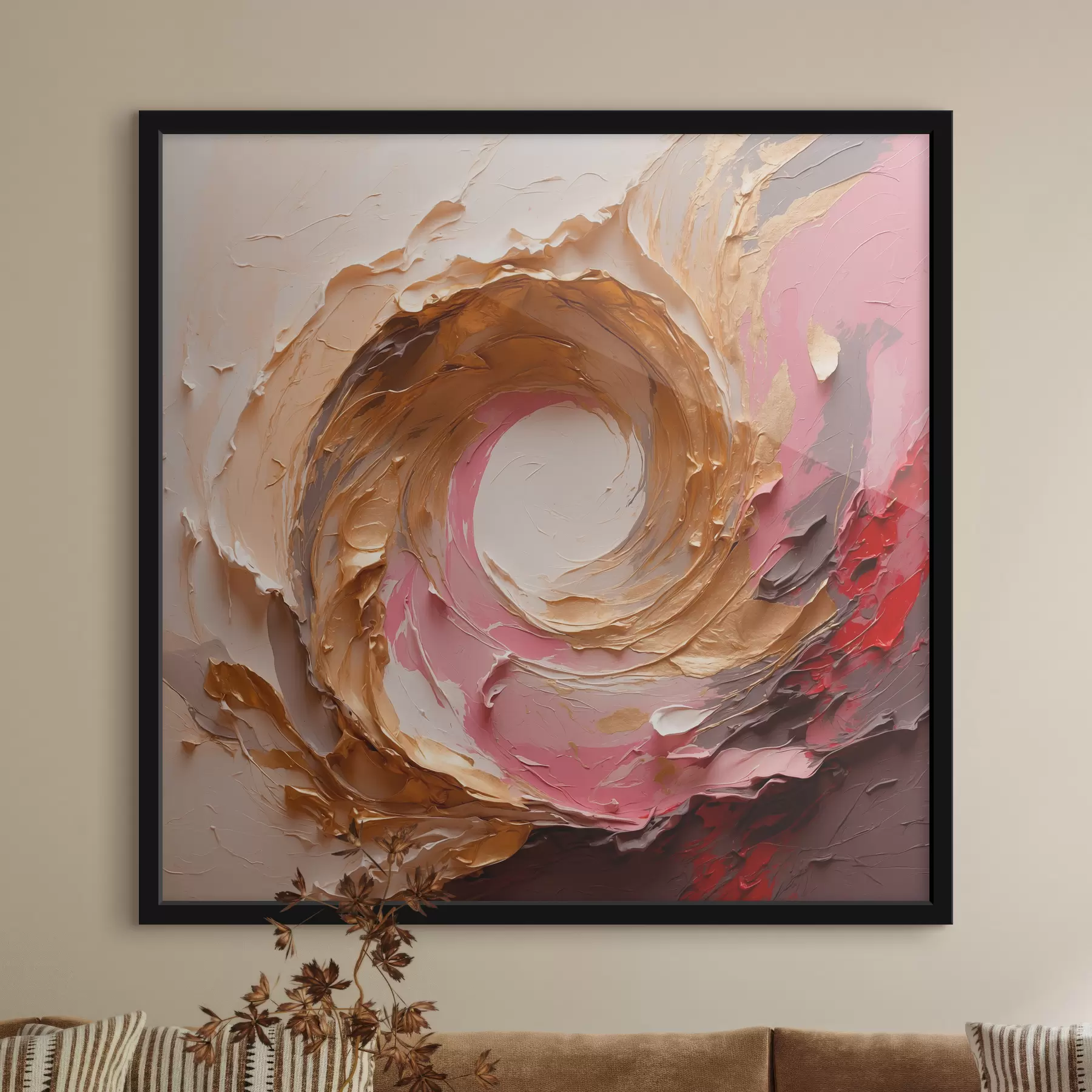  Schilderijen Abstract olieverfschilderij met roze en gele werveling f40863