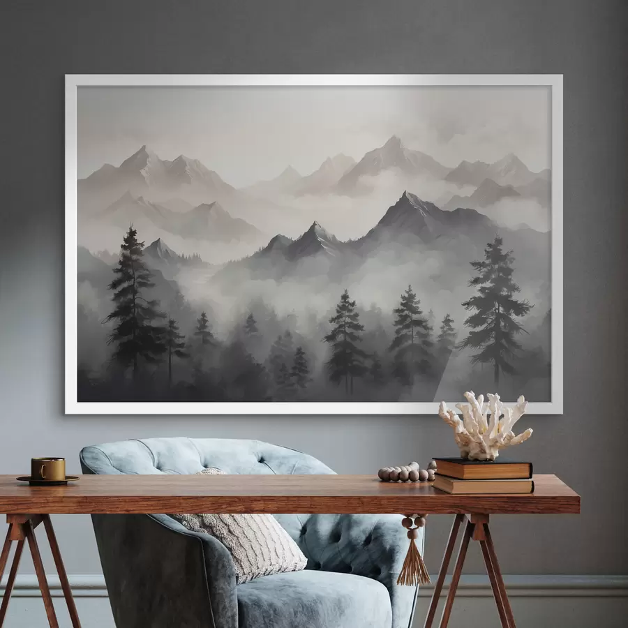 Fotobehang Dennen in de bergmist f40866