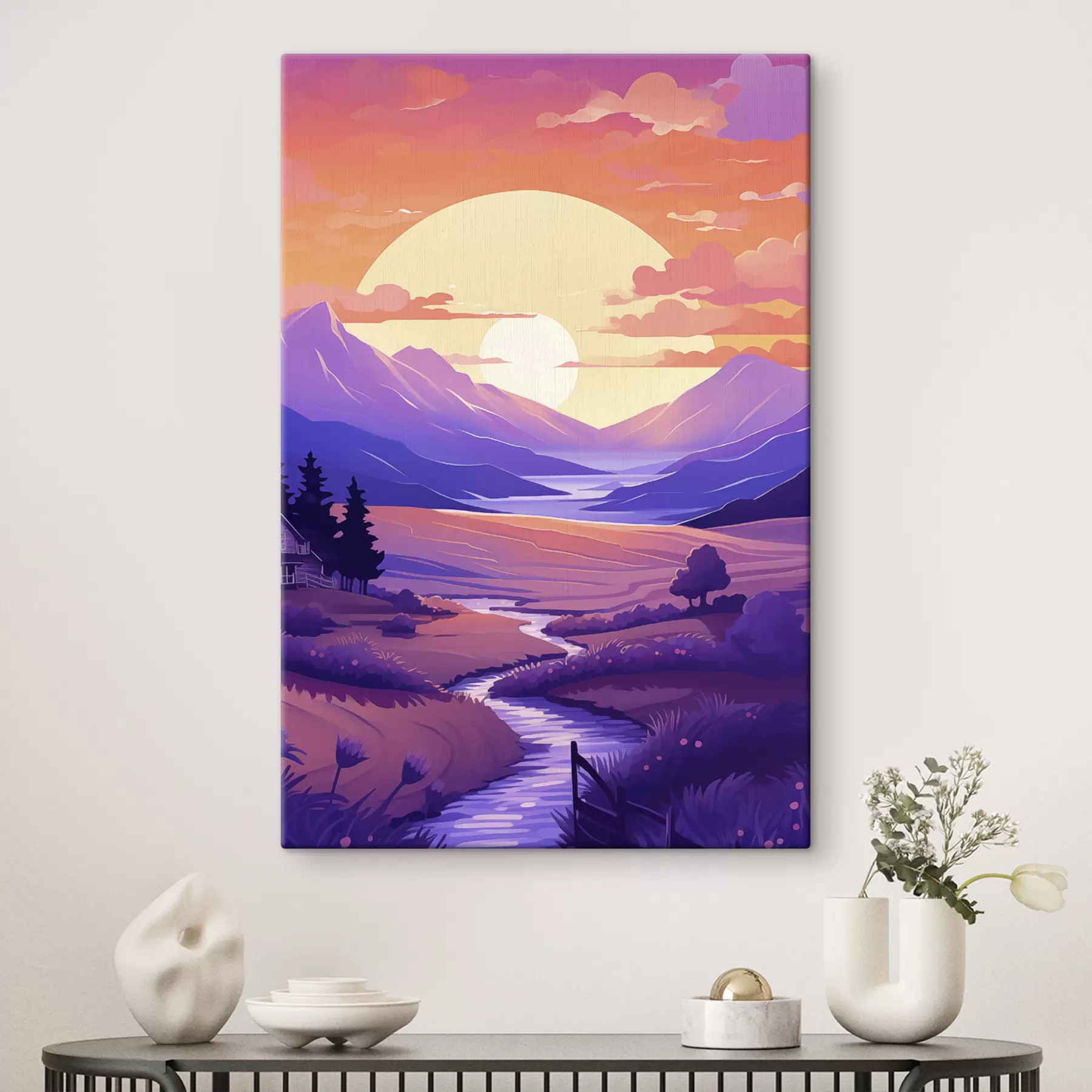  Schilderijen Paarse zonsondergang in de bergen, rivier, bomen, klein huis s40949