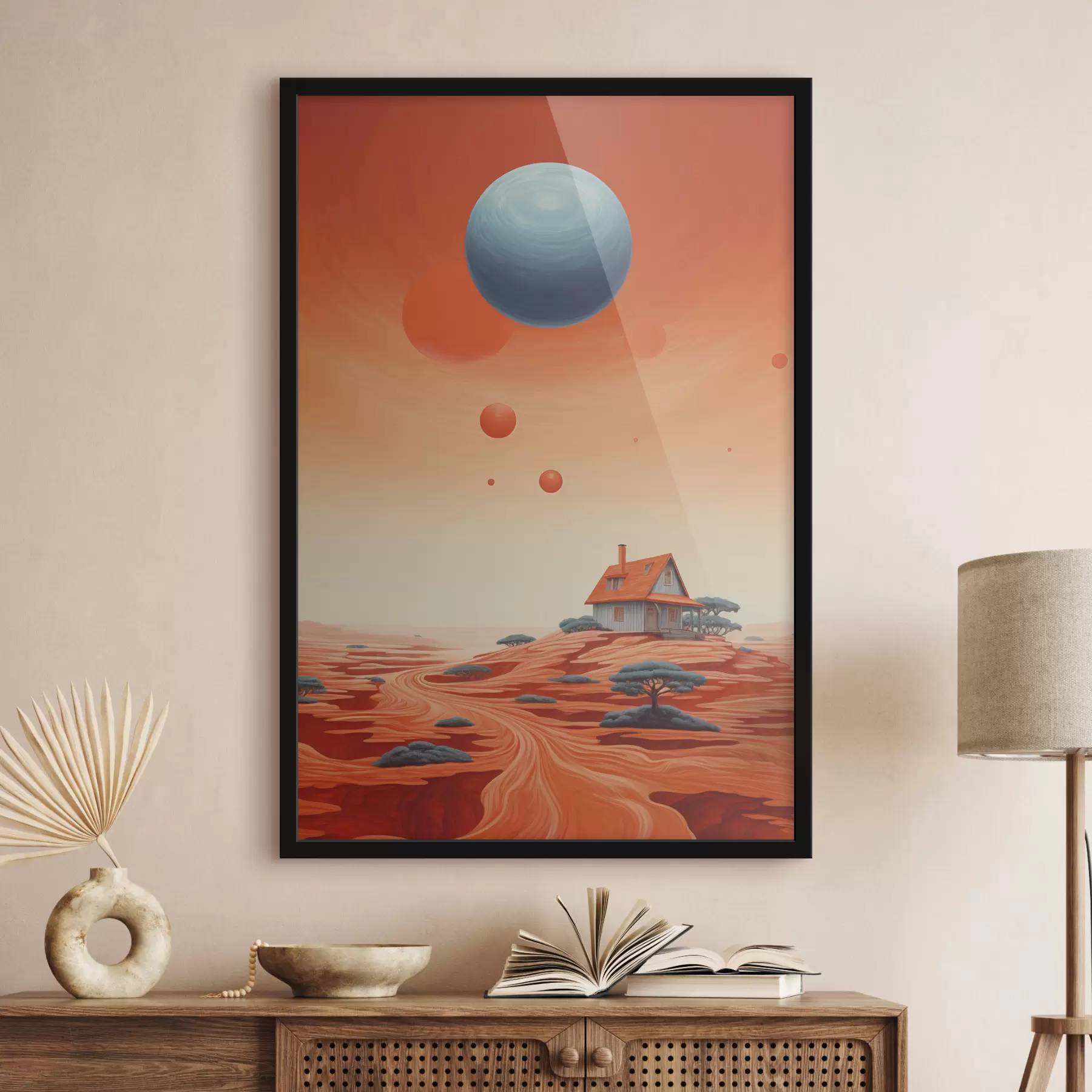Fotobehang Woestijn met huis, futuristische kunst, kosmisch, planeet f40944