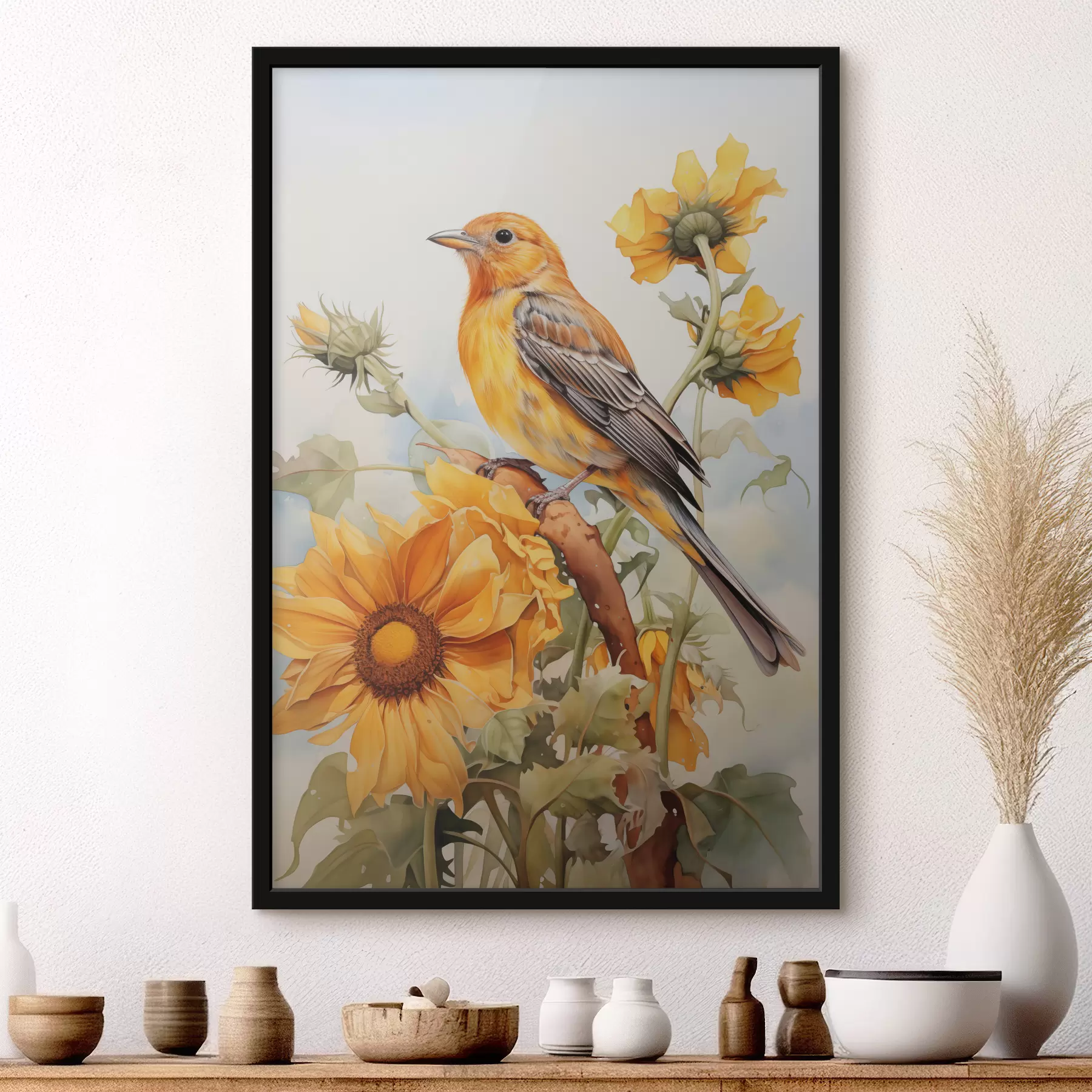 Fotobehang Gele vogel zittend op zonnebloem aquarel f41015