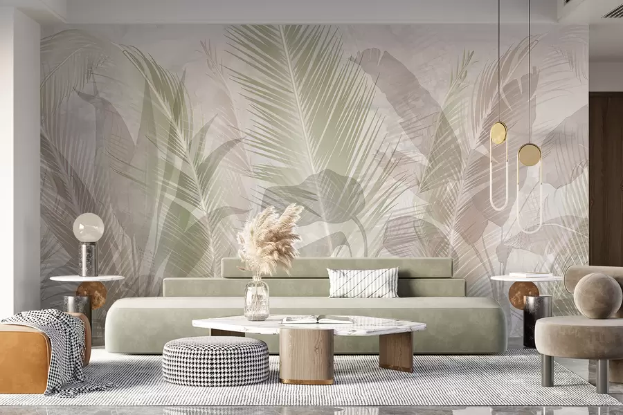 Fotobehang Tropische palmbladeren in zachte pastelkleuren, met een wazige achtergrond met textuur w08326