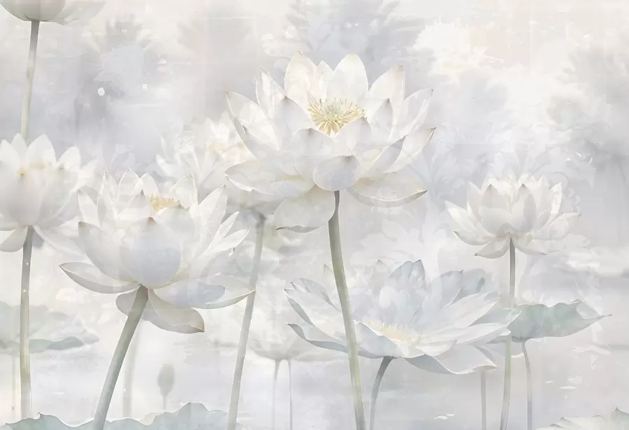 Fotobehang Witte lotusbloemen in een mistige, etherische abstracte pastel landschappelijke achtergrond w08328
