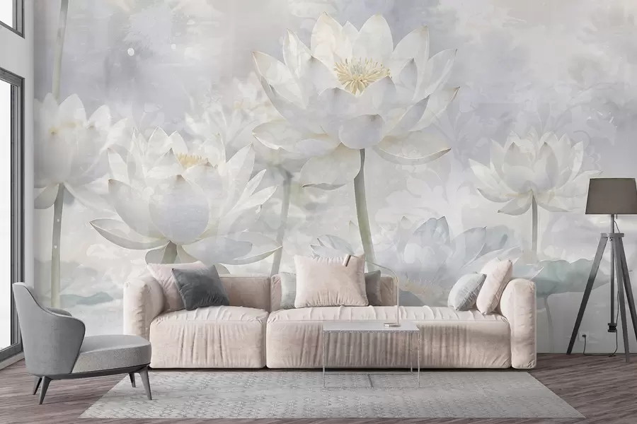 Fotobehang Witte lotusbloemen in een mistige, etherische abstracte pastel landschappelijke achtergrond w08328