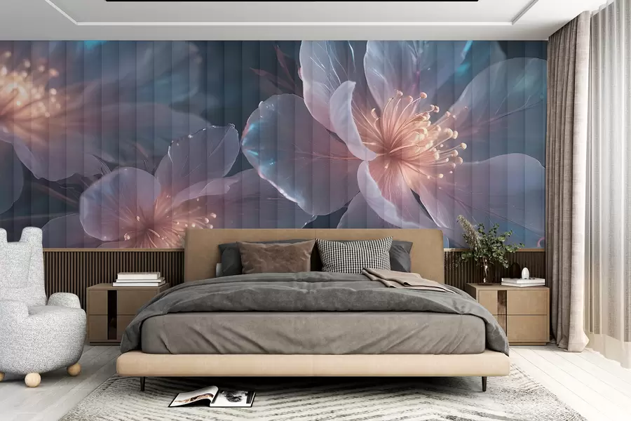 Fotobehang Delicate roze en blauwe transparante bloemen met zachte, vage bloemblaadjes en gloeiende harten tegen een donkere achtergrond w08329