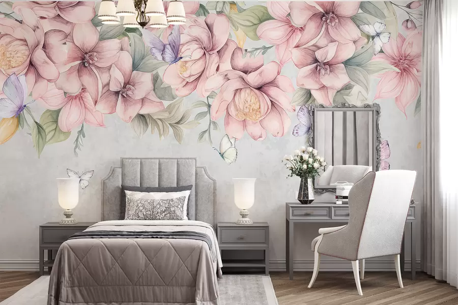 Fotobehang Zachtroze en witte bloemen met tere bloemetjes en blaadjes op gestructureerde grijze achtergrond w08331