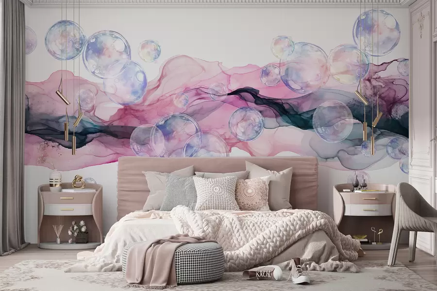 Fotobehang Kleurrijke abstracte vloeibare vormen met bubbels, wervelingen van roze, blauwe en paarse tinten tegen een witte achtergrond w08337