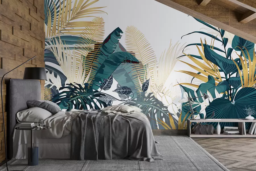Fotobehang Een tropisch weelderig groen bladerdak, inclusief palmbladeren, varens en andere exotische planten in donkergroene en oranje kleuren w08338