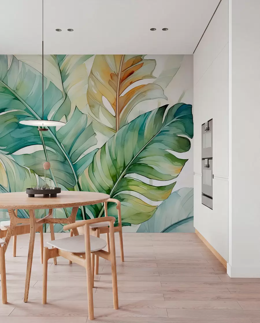 Fotobehang Tropische bananenpalmbladeren nat aquarel w01775