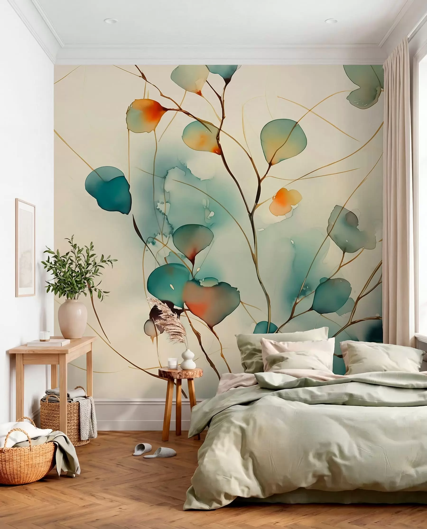 Fotobehang Abstracte takken met bladeren wazig nat aquarel w01779