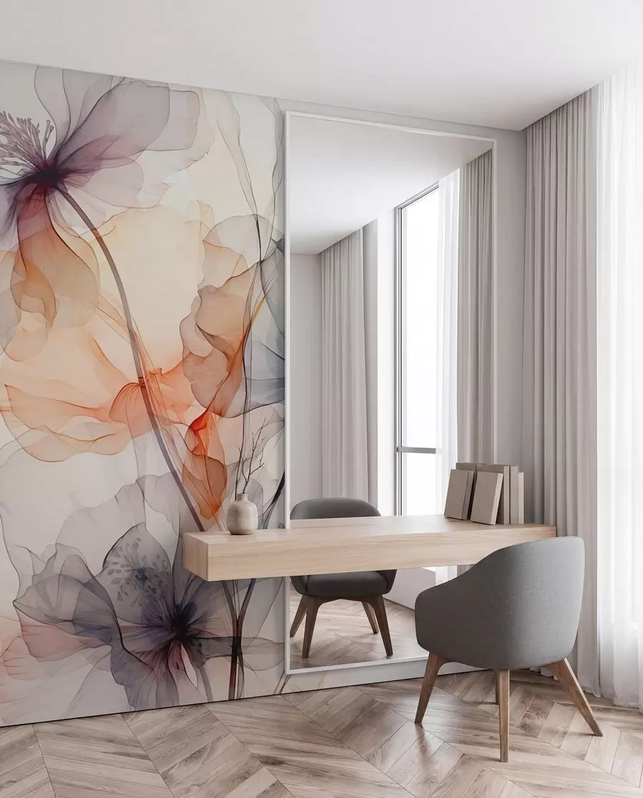 Fotobehang Abstracte doorschijnende bloemen vloeibaar aquarel w01781