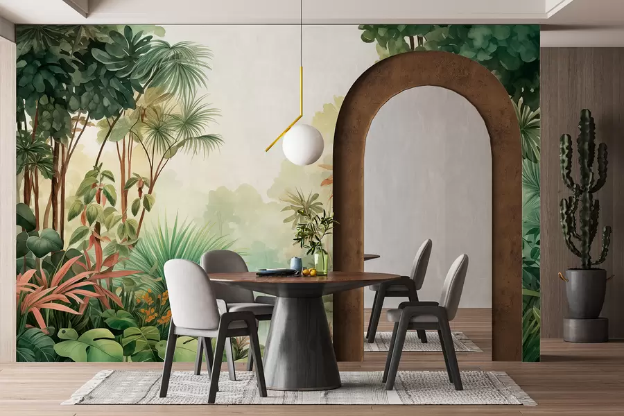 Fotobehang Aquarel oerwoud, palmbomen, meer, groen w01784