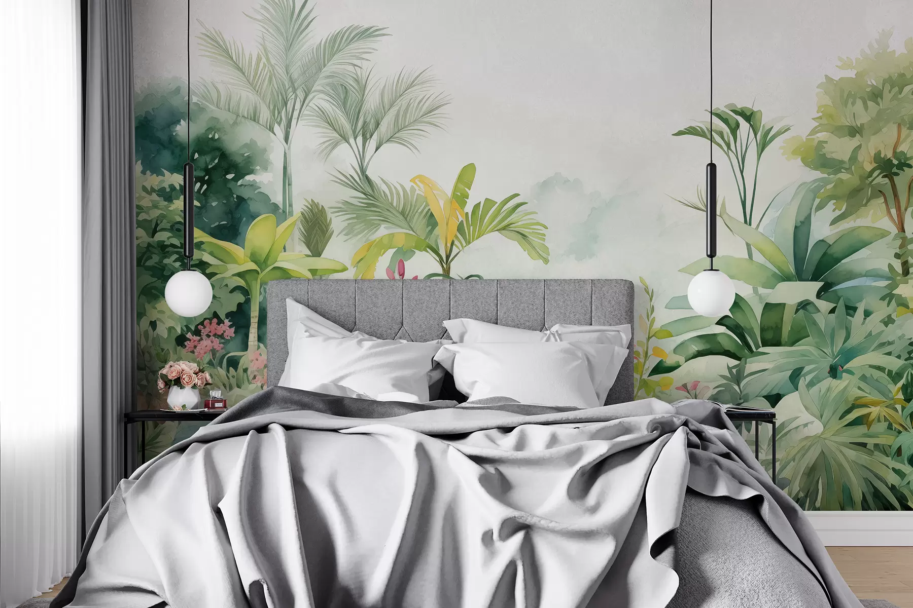 Fotobehang Junglebos, aquarel, palmbomen, bloemen, zachte kleuren w01785