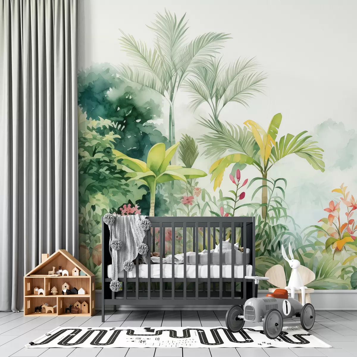 Fotobehang Junglebos, aquarel, palmbomen, bloemen, zachte kleuren w01785