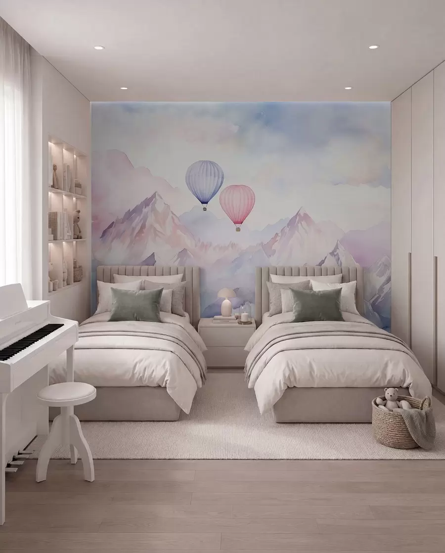 Fotobehang Ballonnen boven roze toppen w01786