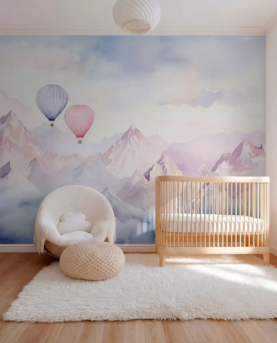 Fotobehang Ballonnen boven roze toppen w01786