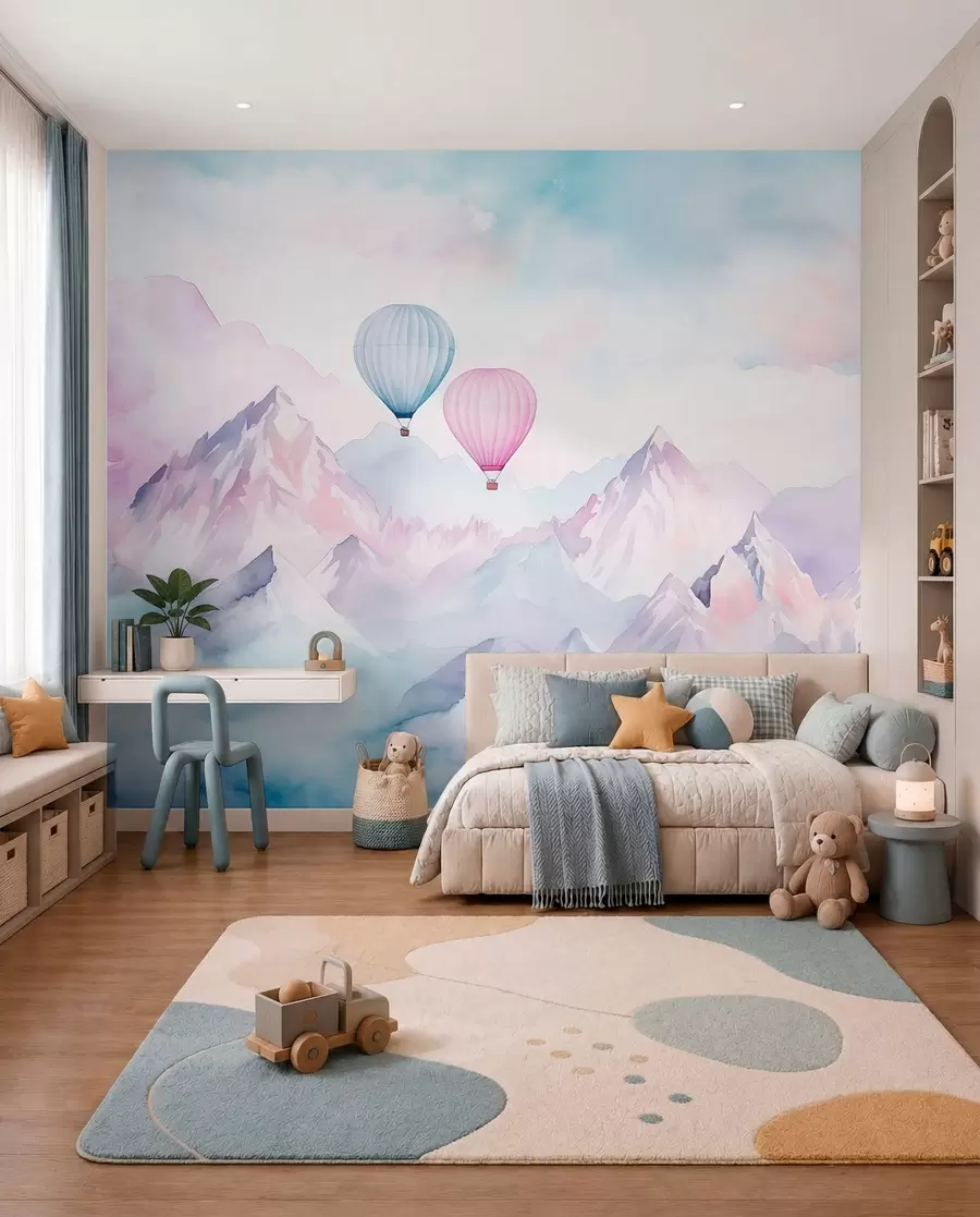 Fotobehang Ballonnen boven blauwe toppen w01786v1