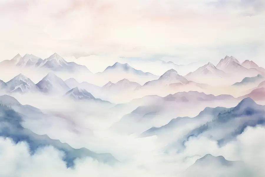 Fotobehang Etherisch berglandschap, wolken, aquarel w01791