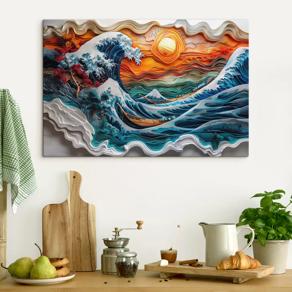  Schilderijen Bas-reliëf imitatie: een woeste oceaan met boten en de zon s40976