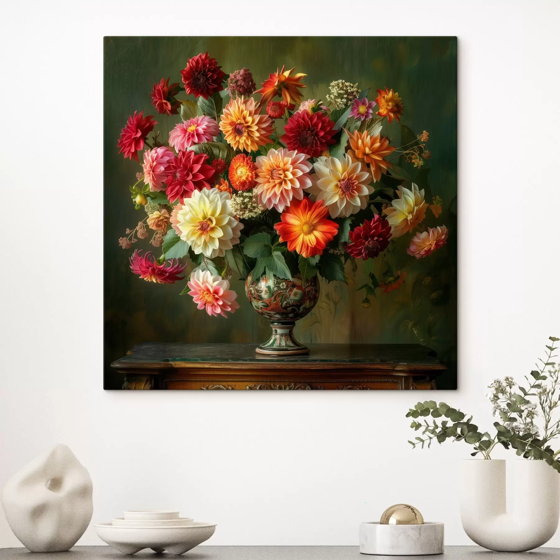  Schilderijen Weelderig boeket chrysanten in een vaas met een diepgroene achtergrond s41001