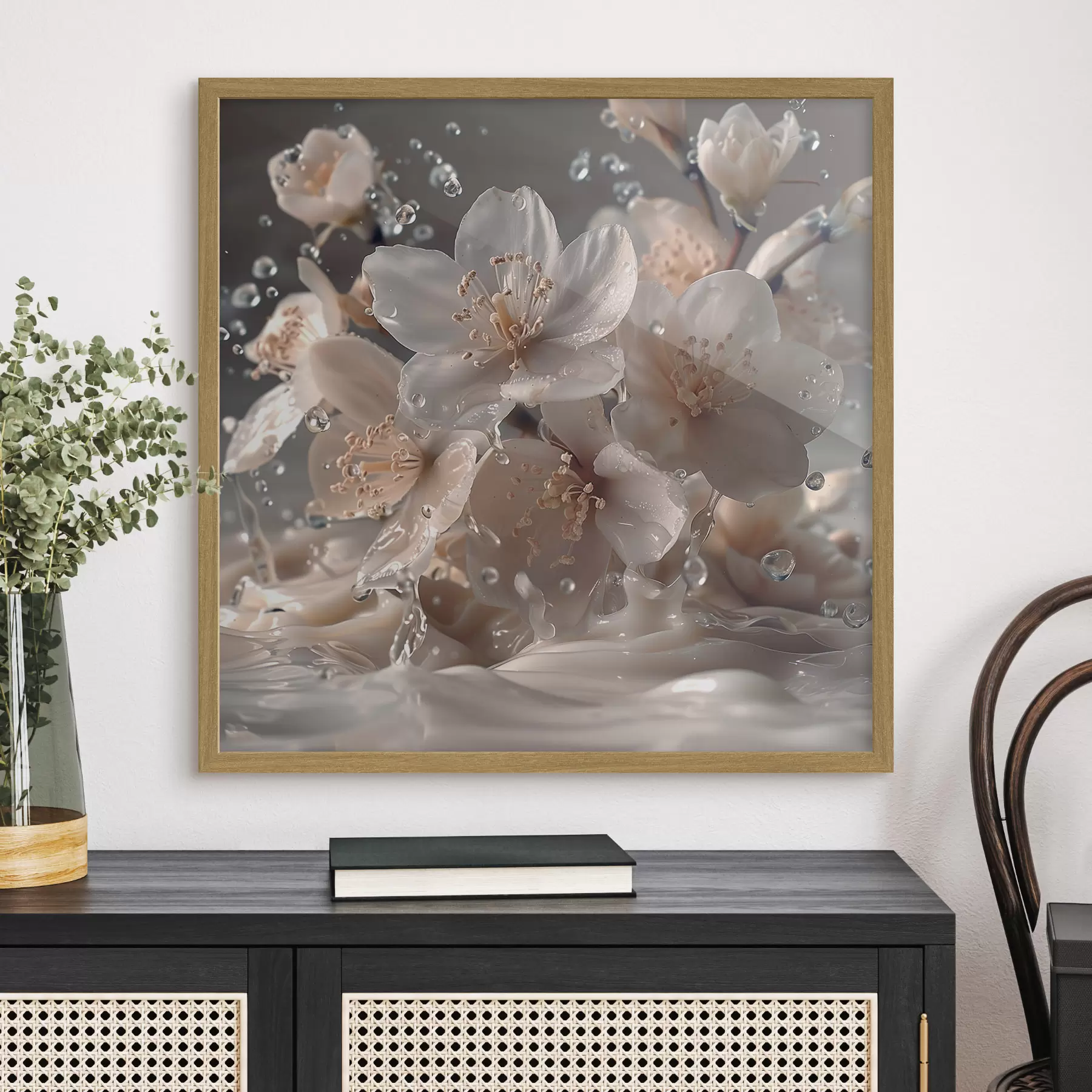 Fotobehang Jasmijnbloemen in een werveling van druppels f41003