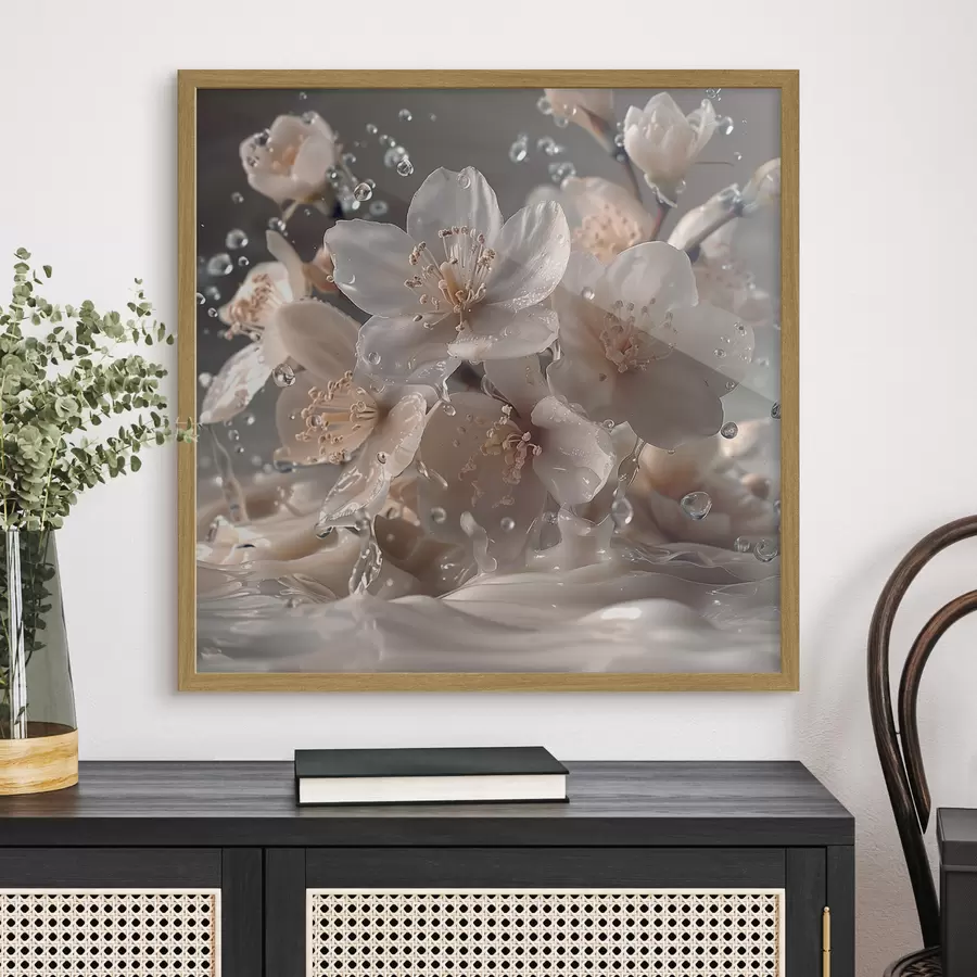 Fotobehang Jasmijnbloemen in een werveling van druppels f41003