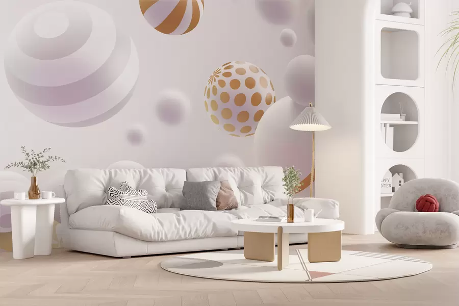 Fotobehang Volumetrische vliegende bollen in 3D-stijl in lichtgrijze tinten met oranje accenten w01148